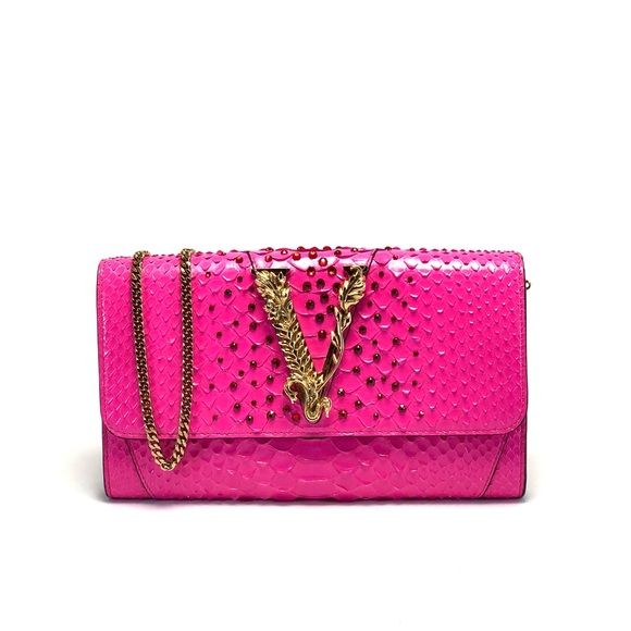Versace Virus Embellished Snakeskin-Embossed crossbody Wallet On Chain bag